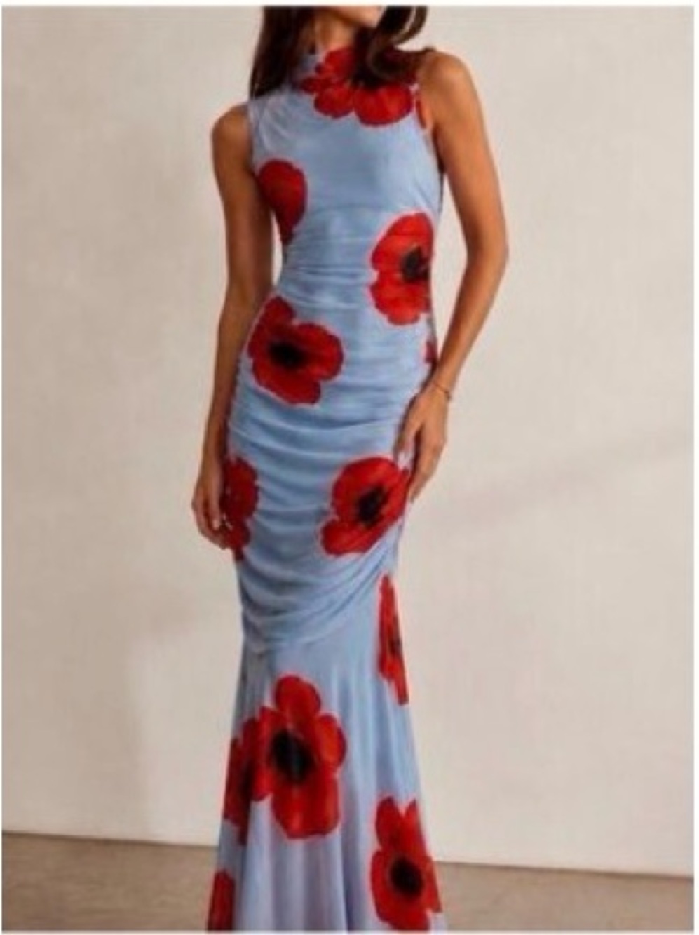 Sincerely Jules Light Blue Maxi Dress with Red Floral Print